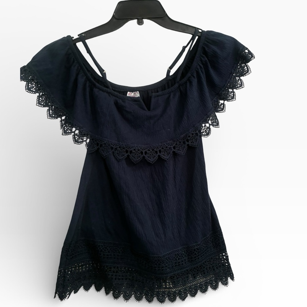 No Boundaries Navy Blue Lace Trim Top